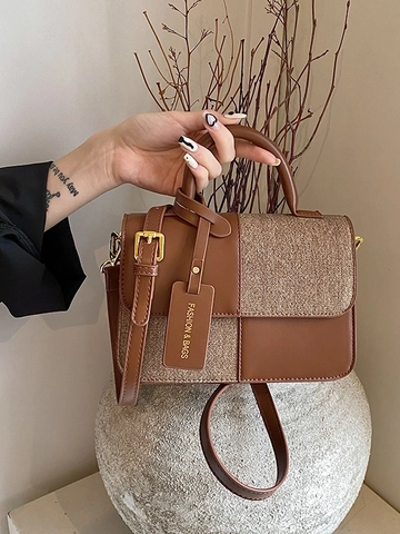 Retro Contrast Kleur Splitsen PU Leer Tweed Handtas Voor Vrouwen 2024 Mode Eenvoudige Crossbody Vierkante Tas Gouden Hardware
