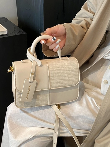 Retro Contrast Kleur Splitsen PU Leer Tweed Handtas Voor Vrouwen 2024 Mode Eenvoudige Crossbody Vierkante Tas Gouden Hardware