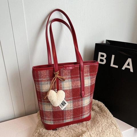 Sac Fourre-tout Femmes Grande Capacité Tweed Carreaux Imprimé Zèbre Sac à Épaule Avec Pendentif Coeur Sac Décontracté Pour Automne Hiver
