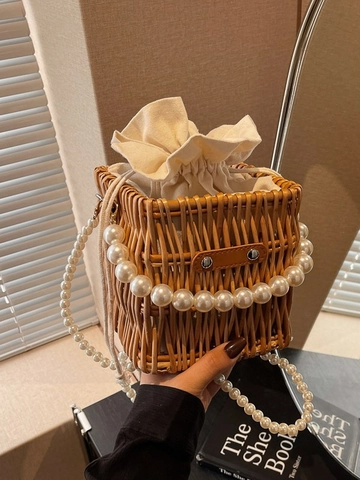 Borsa a Secchiello Intrecciata a Mano per Donna Moda Perla Artificiale Catena Borsa a Tracolla Francese Vintage Paglia Borsa Mare Vacanza Quadrata