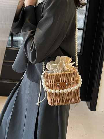 Borsa a Secchiello Intrecciata a Mano per Donna Moda Perla Artificiale Catena Borsa a Tracolla Francese Vintage Paglia Borsa Mare Vacanza Quadrata
