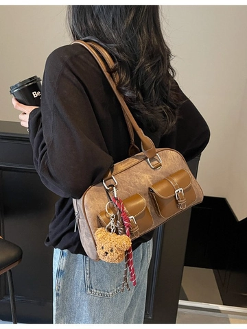 Bolso Tote de Cuero PU Retro para Mujer Gran Capacidad Color Contraste Costuras Bolso de Hombro Con Colgante de Oso de Peluche