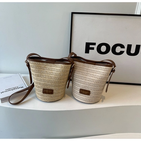 Bolso Bombonera de Paja Tejida para Mujer Retro Casual Playa Bandolera Con Correa Ajustable de Cuero Sintético Moda Vacaciones