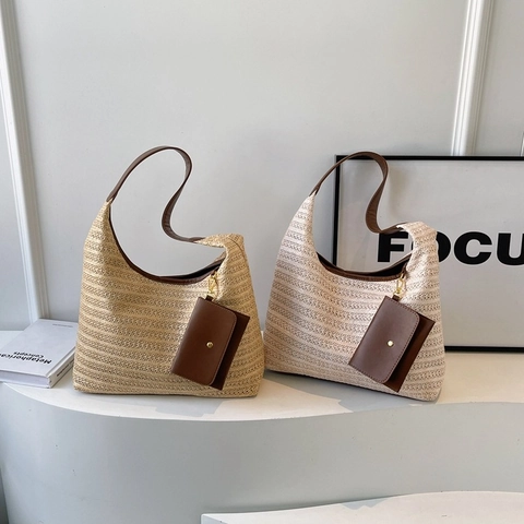 Borsa Tote in Paglia Intrecciata a Grande Capacità Con Pochette Rimovibile Tracolla in Pelle PU a Contrasto Boho Donna