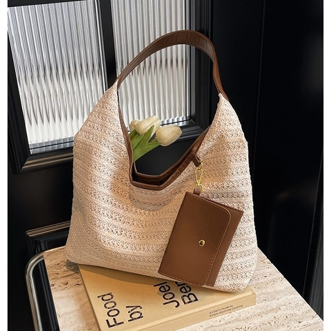 Borsa Tote in Paglia Intrecciata a Grande Capacità Con Pochette Rimovibile Tracolla in Pelle PU a Contrasto Boho Donna