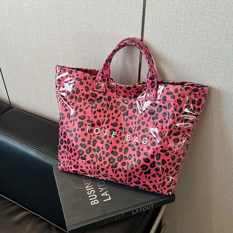 Leopard Print Large Capacity Tote Bag For Women PVC Waterproof Animal Pattern Handbag Casual Fashion Urban Simple Style Shoulder Bag