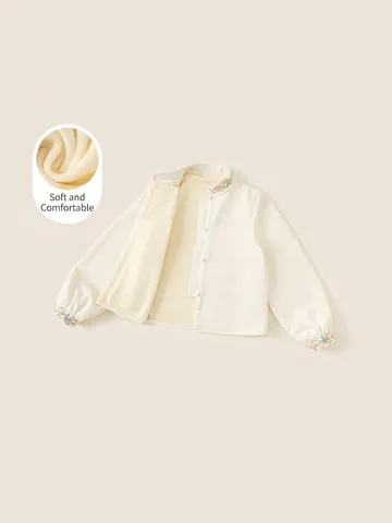 Meisjes Nieuwe Chinese Stijl Fleece Overhemd Traditionele Bloemen Borduurwerk Opstaande Kraag Lange Mouwen Verdikte Warme Top