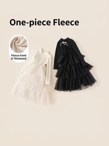 Girls Long Sleeve Fleece Lined Chinese Style Mesh Tutu Dress Knit Top Qi Pao Collar Frog Button Winter Warm Princess Gown