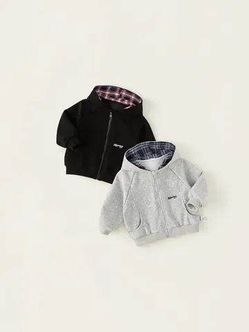 Children Hooded Sweatshirt Cotton Blend Plaid Lining Zipper Jacket For Boys Girls Casual Long Sleeve Outerwear Sporty Top