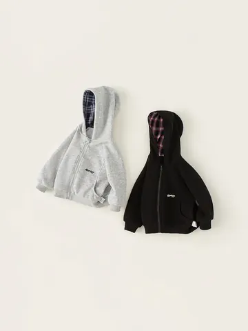 Children Hooded Sweatshirt Cotton Blend Plaid Lining Zipper Jacket For Boys Girls Casual Long Sleeve Outerwear Sporty Top
