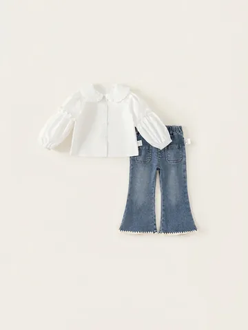 Mädchen Süß Peter Pan Kragen Rüschen Weißes Hemd Und Ausgestellte Jeans Und Gestrickte Blumen Weste Frühling Herbst Kleidung Outfit