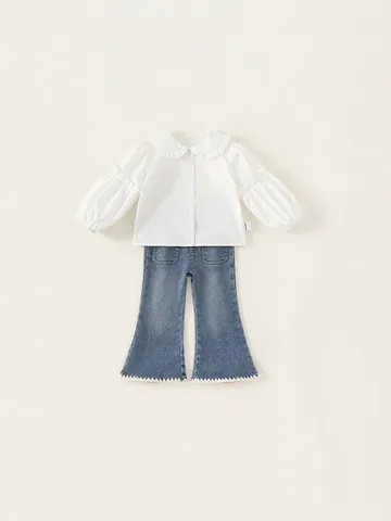 Mädchen Süß Peter Pan Kragen Rüschen Weißes Hemd Und Ausgestellte Jeans Und Gestrickte Blumen Weste Frühling Herbst Kleidung Outfit