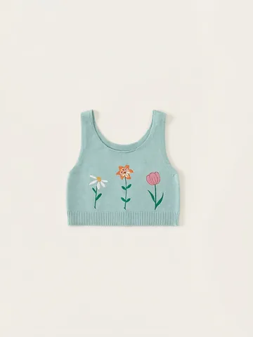 Chaleco de Punto para Niñas Con Bordado Floral Jersey sin Mangas Top de Punto Verde Menta Ropa de Primavera Otoño