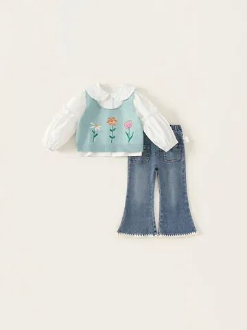 Conjunto de Ropa para Niñas Chaleco de Punto Bordado Camisa con Volantes y Jeans Acampanados Atuendo de Algodón para Niños