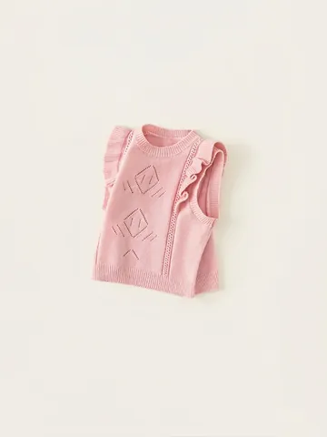 Gilet en Tricot Acrylique pour Filles Doux Volants Ajouré Rose Sans Manches Pull Top pour Printemps Automne École