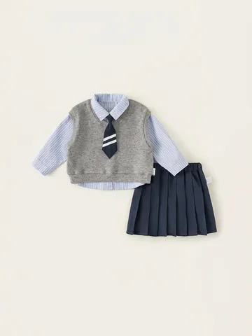 Set Divisa Scolastica Accademica da Ragazza Camicia a Righe Manica Lunga Gilet in Maglia Scollo a V Gonna a Pieghe Pantaloni Con Cravatta