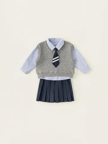 Set Divisa Scolastica Accademica da Ragazza Camicia a Righe Manica Lunga Gilet in Maglia Scollo a V Gonna a Pieghe Pantaloni Con Cravatta