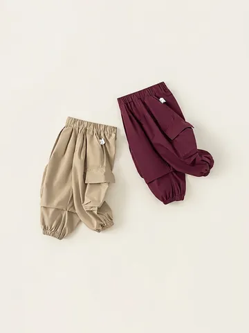 Boys Solid Color Cotton Cargo Pants Casual Elastic Waist Joggers With Pockets Spring Autumn Children Outdoor Trousers