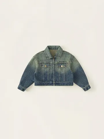 Girls Vintage Wash Denim Jacket Gradient Embroidered Letter Cropped Cargo Coat Fashion Long Sleeve Cotton Outwear
