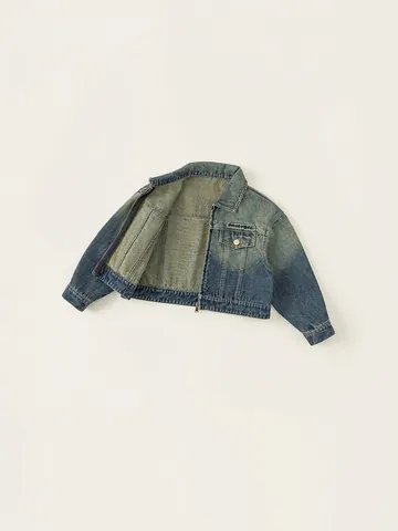 Veste en Jean Vintage Filles Dégradé Brodé Lettre Court Manteau Cargo Mode Manches Longues Extérieur en Coton