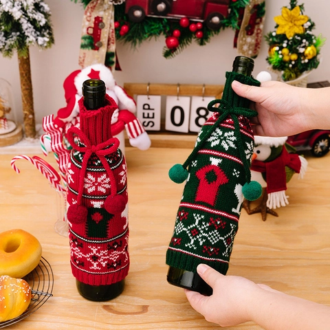 Copribottiglia di Vino Natalizio Lavorato a Maglia con Motivo Fiocco di Neve Renna Maglione Decorativo Fiocco Pompon