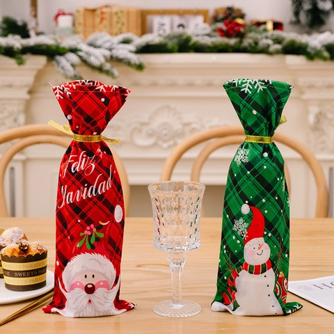 Christmas Wine Bottle Cover Red Green Plaid Santa Claus Snowman Pattern Fabric Champagne Gift Bag Holiday Table Decoration