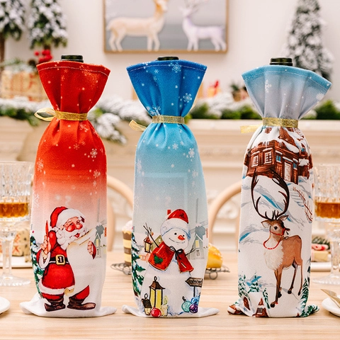 Housse de Bouteille de Vin de Noël en Polyester Imprimé Père Noël Bonhomme de Neige Renne Décoration de Table de Fête