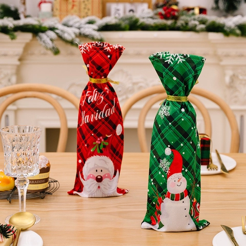 Christmas Wine Bottle Cover Red Green Plaid Santa Claus Snowman Pattern Fabric Champagne Gift Bag Holiday Table Decoration
