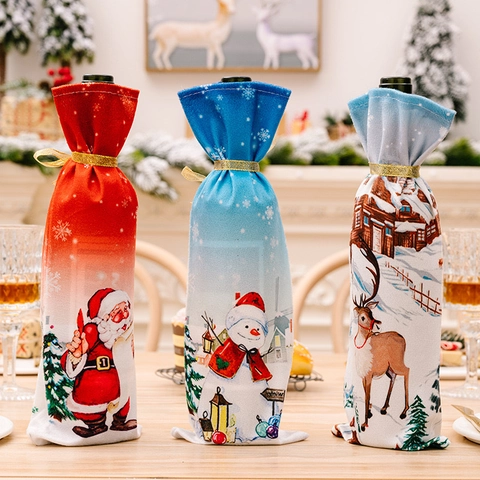 Housse de Bouteille de Vin de Noël en Polyester Imprimé Père Noël Bonhomme de Neige Renne Décoration de Table de Fête