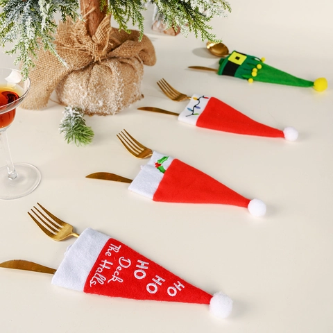 Weihnachten Mini Weihnachtsmann-Hut Besteckhalter Bestickter Filz Messer Gabel Tasche Festliche Tischdekoration Elfenhut Bestecktasche
