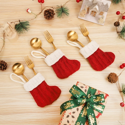 Mini Calzino di Natale in Maglia Decorazione Verde Rosso Calza Ornamento per Albero di Natale Supporto Posate Ciondolo