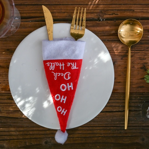 Weihnachten Mini Weihnachtsmann-Hut Besteckhalter Bestickter Filz Messer Gabel Tasche Festliche Tischdekoration Elfenhut Bestecktasche