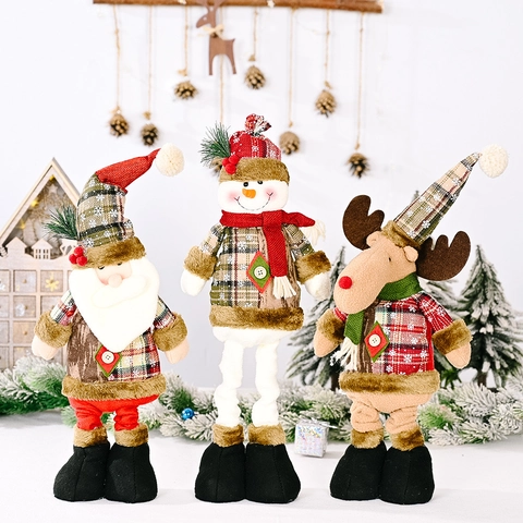 Poupée Télescopique de Noël à Carreaux Rétro Père Noël Bonhomme de Neige Renne Ornement Debout Pour Maison Hôtel Décor