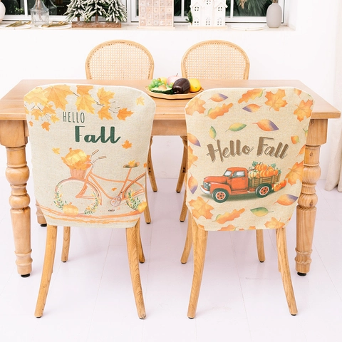 Harvest Festival Thanksgiving Chair Cover Hello Fall Printed Dining Room Chair Back Protector Pumpkin Truck Bicycle Decor