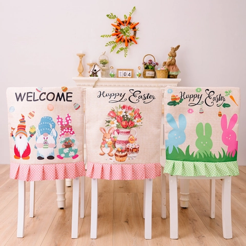 Leinen Ostern Stuhlbezug Mit Rüsche Bedruckt Gnom Hase Muster Schutzhülle Stuhlrückenbezug Für Esszimmer Party Deko