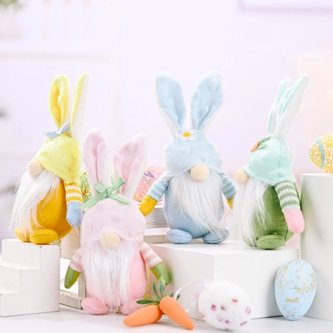 Easter Gnome Bunny Ears Plush Pendant With Carrot Flower Decor Non-woven Fabric Faceless Doll For Home Party Decoration