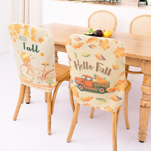 Harvest Festival Thanksgiving Chair Cover Hello Fall Printed Dining Room Chair Back Protector Pumpkin Truck Bicycle Decor