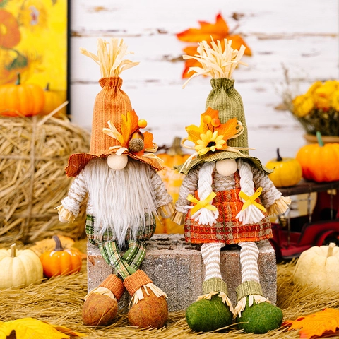 Gnomi del Ringraziamento Decorazioni Raccolto Autunnale Cappello di Paglia Foglia di Acero Gnomo Gambe Appese Bambola Senza Volto Decor Casa