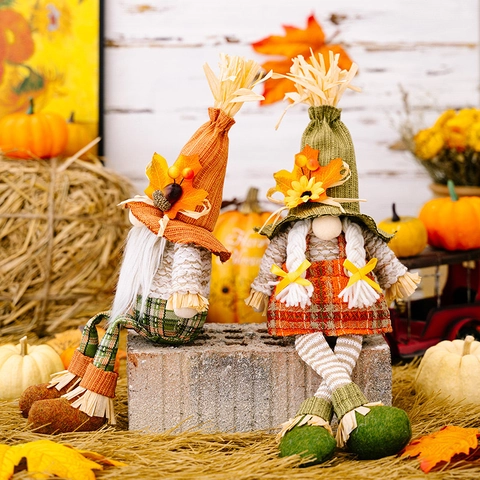 Gnomi del Ringraziamento Decorazioni Raccolto Autunnale Cappello di Paglia Foglia di Acero Gnomo Gambe Appese Bambola Senza Volto Decor Casa