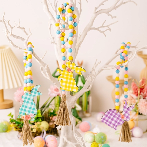 Easter Wooden Bead Garland With Plaid Bunny Pendant Pastel Macaron Wood Beads Jute Tassel Spring Farmhouse Hanging Decor
