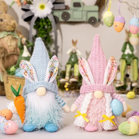 Pasen Gezichtsloze Kabouter Pluche Pop Met Konijnenoren Wortel Ei Gebreid Staand Dwerg Ornament Voor Thuis Feestelijke Decoratie