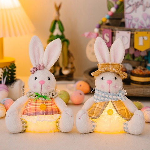Decorazione a Forma di Coniglio Pasquale Luminoso Bambola di Peluche Con Luce LED Ornamento da Tavolo Plaid Primavera Festa Casa
