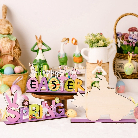 Ornement de Bureau en Bois de Pâques Happy Easter Spring Rejoice Panneau Lettre Lapin Poussin Carotte Décoration Violette