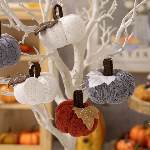 Handgemaakte Gebreide Pompoen Decoratie Set Voor Thanksgiving Halloween Oogstfeest Oranje Wit Grijs Herfst Huis Ornamenten