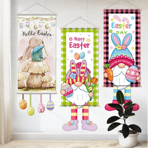 Bandiera Appesa di Pasqua Arazzo Cartone Animato Coniglio Gnomo Uova di Pasqua Stampate Decorazione Murale per Casa Festa