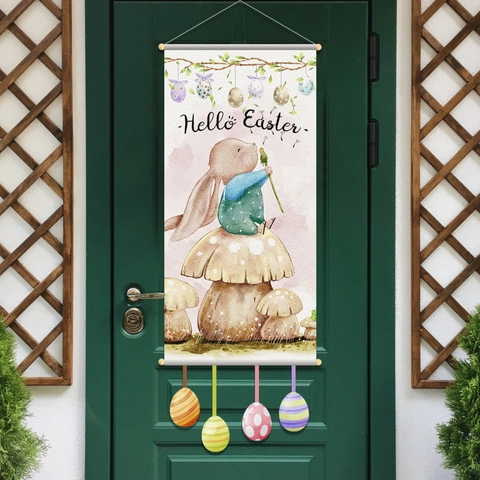Bandiera Appesa di Pasqua Arazzo Cartone Animato Coniglio Gnomo Uova di Pasqua Stampate Decorazione Murale per Casa Festa