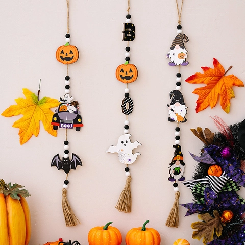 Halloween Wood Bead Garland Hanging Decoration With Hemp Rope Tassels Pumpkin Ghost Gnome Bat Wooden Pendant Party Decor