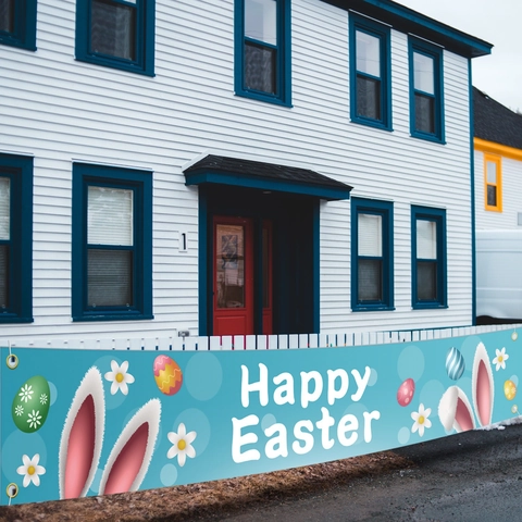 Happy Easter Banner Polyester Outdoor Garten Zaun Dekoration Bunte Hase Ei Muster Feiertag Party Feier Schild