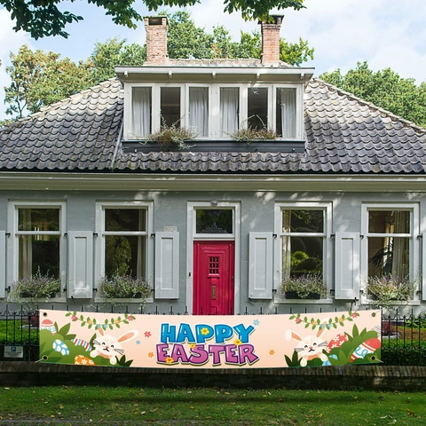 Happy Easter Banner Polyester Outdoor Garten Zaun Dekoration Bunte Hase Ei Muster Feiertag Party Feier Schild