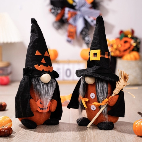 Muñeco de Peluche de Gnomo de Halloween Con Sombrero de Bruja Calabaza Escoba Figurita de Enano Sin Rostro Decoración de Mesa